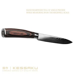 KESSAKU Utility Knife - 5.5 inch - Samurai Series - Razor Sharp Kitchen Knife - Forged 7Cr17MoV High Carbon Stainless Steel - Wood Handle with Blade Guard