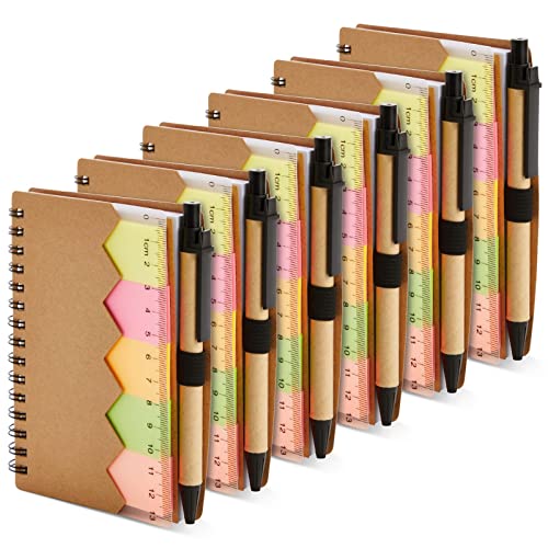 Juvale 6 Pack Bulk Kraft Paper Spiral Notepad with Pen and Sticky Notes, Lined, Colored Index Tab (69 Sheets, 4 x 5.5 In)