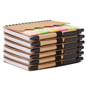 Juvale 6 Pack Bulk Kraft Paper Spiral Notepad with Pen and Sticky Notes, Lined, Colored Index Tab (69 Sheets, 4 x 5.5 In)