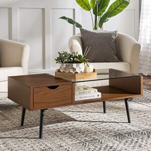 walker edison montclair mid century modern glass top 1 drawer coffee table, 42 inch, glass and acorn