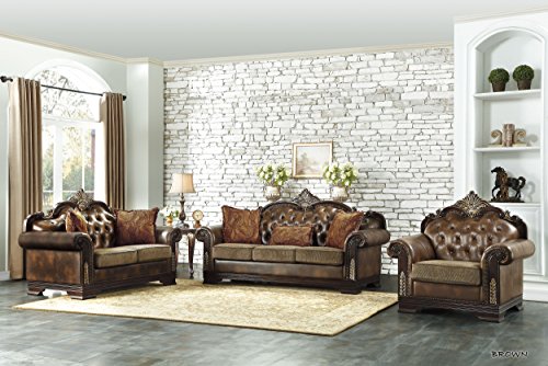 Homelegance Croydon Traditional Two-Tone Love Seat, 65"W, Brown PU Leather