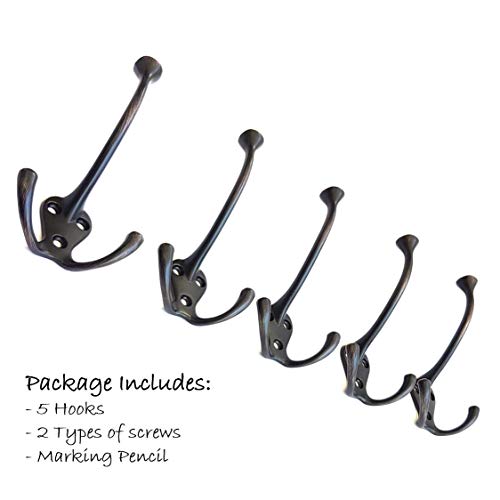 Ambipolar 5 Pack TriLeg Hook, Heavy Duty Big Triple Leg/Double Coat Hooks Base. Entryway Coat Hooks, Scarf and Jacket Hangers.Perfect Bath Towel Heavy Hooks (5 Pack, Oil Rubbed Bronze)