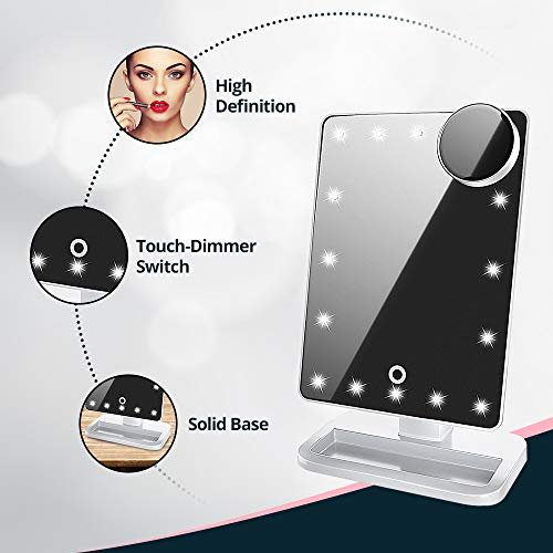 Lighted Makeup Mirror, Vanity Mirror with Bluetooth, 360° Rotation, Adjustable Brightness, Touch Screen, Detachable 10X Magnification Spot Mirror, Rechargeable by Beautify Beauties