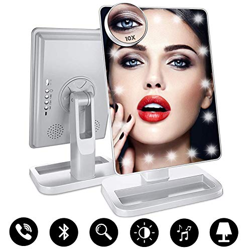 Lighted Makeup Mirror, Vanity Mirror with Bluetooth, 360° Rotation, Adjustable Brightness, Touch Screen, Detachable 10X Magnification Spot Mirror, Rechargeable by Beautify Beauties