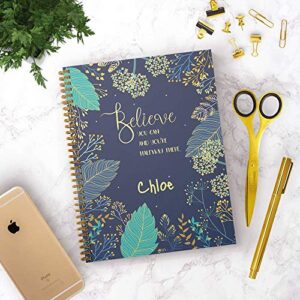 Believe You Can Personalized Motivational Notebook/Journal, Laminated Soft Cover, 120 pages of your selected paper, lay flat wire-o spiral. Size: 8.5” x 11”. Made in the USA