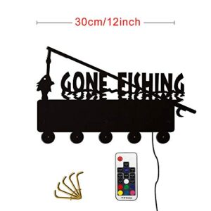 The Geeky Days Coat Wall Hooks with LED Backlight Handmade Wooden Gone Fishing Wall Hanger Fishing Art Decorative Towel Hooks Creative Nursery Wall Art Decor