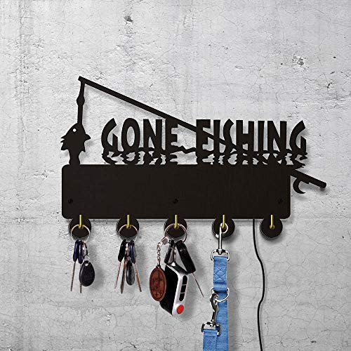 The Geeky Days Coat Wall Hooks with LED Backlight Handmade Wooden Gone Fishing Wall Hanger Fishing Art Decorative Towel Hooks Creative Nursery Wall Art Decor