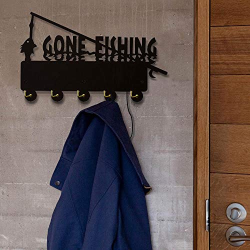 The Geeky Days Coat Wall Hooks with LED Backlight Handmade Wooden Gone Fishing Wall Hanger Fishing Art Decorative Towel Hooks Creative Nursery Wall Art Decor