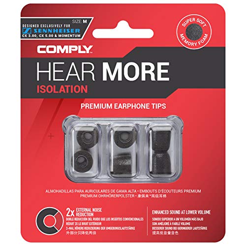 Comply Isolation Plus Memory Foam Earbuds Tips for Sennheiser Momentum/HD 1,IE 800 S,CX 3.00,5.00,6.00BT & 7.00BT with Noise Reduction, WaxGuard, and Secure Fit (Assorted, 3 Pair), Black (19-30204-11)