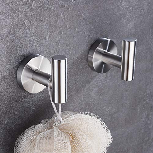 Hoooh Bathroom Towel Hook, Brushed Stainless Steel Coat/Robe Clothes Hook for Bath Kitchen Garage Wall Mounted (2 Pack), B100-BN-P2