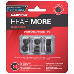 Comply Isolation Plus Memory Foam Replacement Earbud Tips for Sennheiser Momentum Earphones with Noise Reduction, WaxGuard, and Secure Fit (Large, 3 Pairs),Black