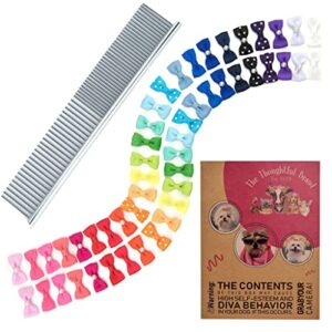 the thoughtful brand 50 pcs dog bows with rubber bands (25 pairs) - durable dog hair bows that won’t pull your dog’s hair - premium dog bows girl plus bonus grooming comb, cuter and better