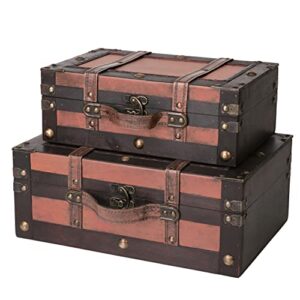 vintage wooden treasure chest suitcases - set of 2: decorative storage trunks with hinged lids, memory boxes for keepsakes, pirate chest, wooden chest & trunk, vintage suitcase décor (crawford)