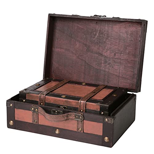 Vintage Wooden Treasure Chest Suitcases - Set of 2: Decorative Storage Trunks with Hinged Lids, Memory Boxes for Keepsakes, Pirate Chest, Wooden Chest & Trunk, Vintage Suitcase Décor (Crawford)