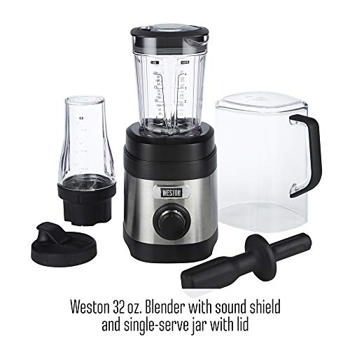 Weston Sound Shield Pro Series 1.6hp Blender with 32oz + 20oz Blend-in Personal Jar, Variable Speed Dial for Puree, Ice Crush, Shakes and Smoothies, Black and Stainless Steel (58918)