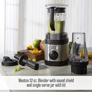 Weston Sound Shield Pro Series 1.6hp Blender with 32oz + 20oz Blend-in Personal Jar, Variable Speed Dial for Puree, Ice Crush, Shakes and Smoothies, Black and Stainless Steel (58918)