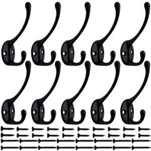 ibosins 10 pack heavy duty dual coat hooks wall mounted with 40 screws retro double hooks utility black no rust hooks for coat, scarf, bag, towel, key, cap, cup, hat (black)