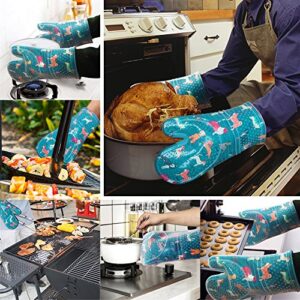 Oven Mitts Set of 2 with Transparent Clear Silicone Shell and Nice Dog Printing Cotton Lining, Heat Resistant to 500 F Kitchen Oven Gloves Pot Holder for Cooking (Blue)