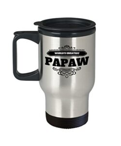 papaw travel coffee mug world's greatest gift with handle, lid insulated stays hot stainless commuter no spill