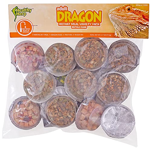 Healthy Herp Instant Meal Adult Dragon Food Variety Pack (7 x Adult Dragon Food, 4 x Fruit Mix, 3 x Vegi Mix, and 1 X Feeding Dish)