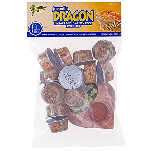 Healthy Herp Instant Meal Juvenile Dragon Food Variety Pack (7 x Juvenile Dragon Food, 4 x Fruit Mix, 3 x Vegi Mix, and 1 X Feeding Dish)