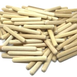 100 Pack 1/4" x 2" Wooden Dowel Pins Wood Kiln Dried Fluted and Beveled, Made of Hardwood