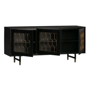 TOV Furniture The The Gatsby Collection Art Deco Brass Dark Acacia Wood Buffet Table with Tempered Glass Doors,