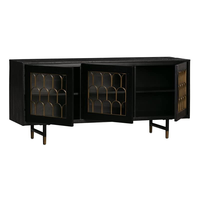 TOV Furniture The The Gatsby Collection Art Deco Brass Dark Acacia Wood Buffet Table with Tempered Glass Doors,