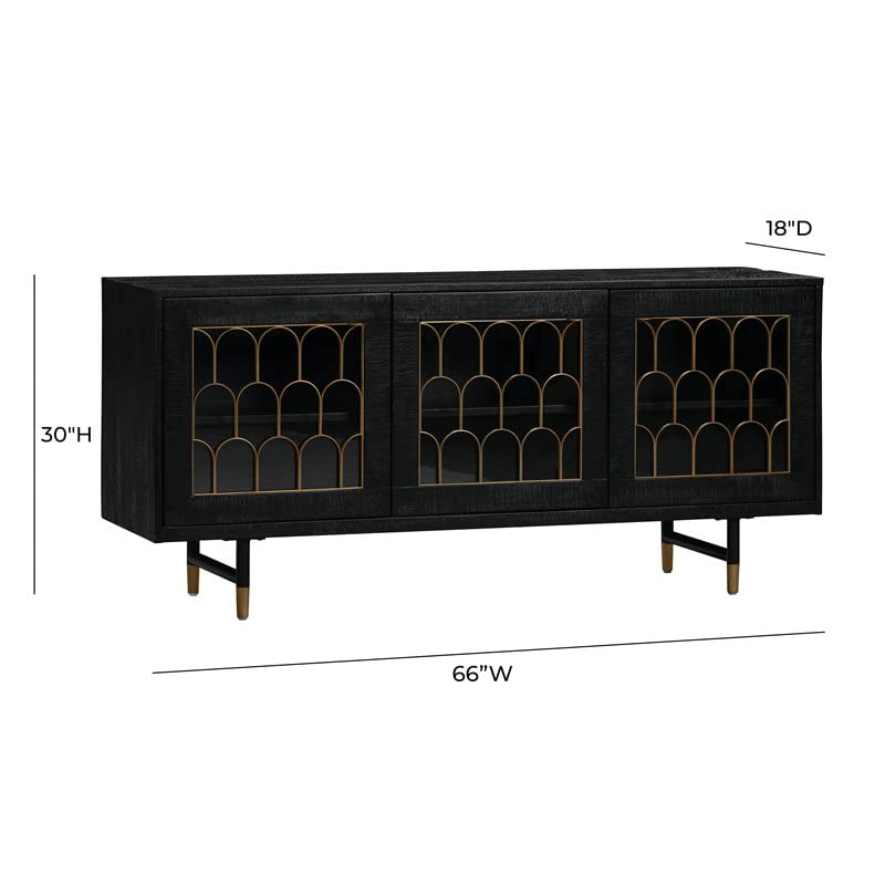 TOV Furniture The The Gatsby Collection Art Deco Brass Dark Acacia Wood Buffet Table with Tempered Glass Doors,