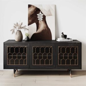 TOV Furniture The The Gatsby Collection Art Deco Brass Dark Acacia Wood Buffet Table with Tempered Glass Doors,