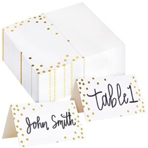 100 pack place cards for table setting, blank table name cards for wedding, gold foil polka dot place cards for banquet, events, reserved seating (2 x 3.5 in folded)