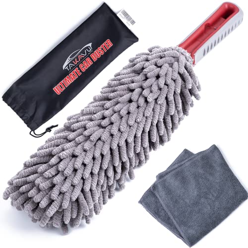 Car Duster Interior by TAKAVU, 360° Microfiber Fingers, Unbreakable Comfort Handle, Lint and Scratch Free, Include Microfiber Towel, for Car & Home Use, The Best Auto Accessories