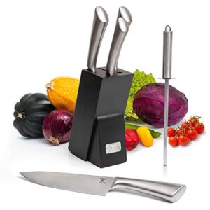 professional kitchen knife chef set, knife set with block, kitchen knife set stainless steel scratch resistant and rust proof, black knife block by moss & stone. (6 piece)
