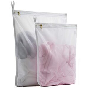 tenrai delicates laundry bags, bra fine mesh wash bag for underwear, lingerie, bra, pantyhose, socks, use ykk zipper, have hanger loops (white, 1 large & 1 medium)