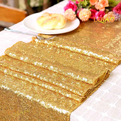 LQIAO Shimmer Gold Sequin Fabric by The Yard Two Way Stretch Spandex Embroidered Mesh African Lace Sequin Fabric for Dress Sewing