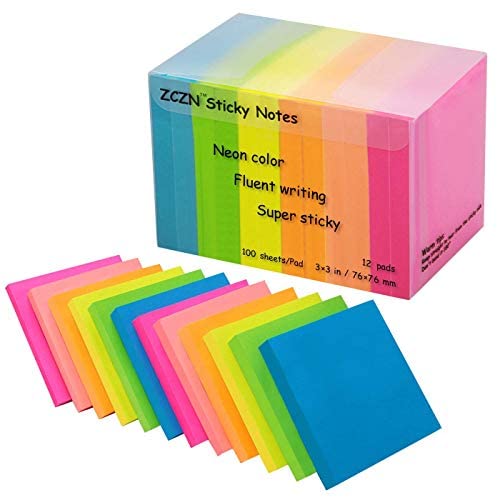 (12 Pack) ZCZN Sticky Notes 3x3 Inches, 1200 Sheets 6 Bright Color Self-Stick Note Pads, Easy to Post for Office, Home, Meeting, School