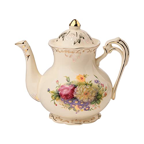 YOLIFE Tea Pot, Ivory Ceramic Vintage Teapot with Gold Leaves Edge Cute Gifts (Flowering Shrubs, 29oz)