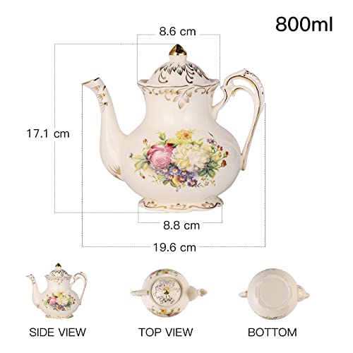 YOLIFE Tea Pot, Ivory Ceramic Vintage Teapot with Gold Leaves Edge Cute Gifts (Flowering Shrubs, 29oz)