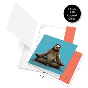 The Best Card Company - 10 Blank Yoga Note Cards (4x 5.12 Inch) - Boxed Notecards with Envelopes, Cute Animal Cards, Zen Assortment - Sloth Yoga AMQ6255OCB-B1x10