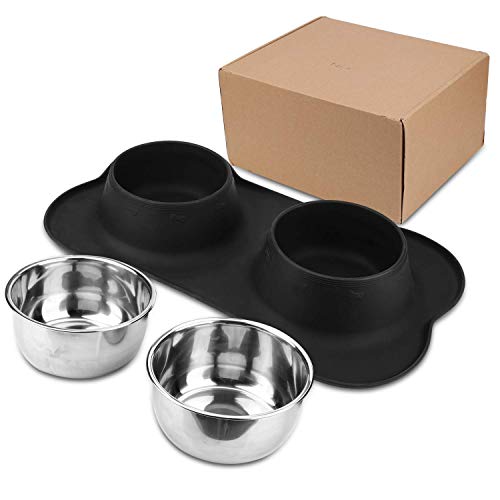 AsFrost Dog Food Bowls Stainless Steel Pet Bowls & Dog Water Bowls with No-Spill and Non-Skid, Feeder Bowls with Dog Bowl Mat for Small Medium Large Size Dogs Cats and Pets, Dog Dishes, Black, 3 Cup