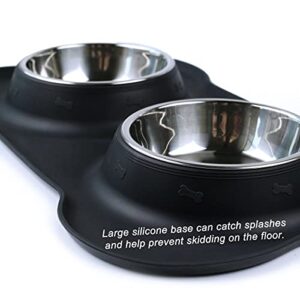 AsFrost Dog Food Bowls Stainless Steel Pet Bowls & Dog Water Bowls with No-Spill and Non-Skid, Feeder Bowls with Dog Bowl Mat for Small Medium Large Size Dogs Cats and Pets, Dog Dishes, Black, 3 Cup