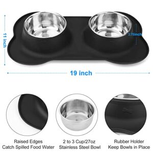 AsFrost Dog Food Bowls Stainless Steel Pet Bowls & Dog Water Bowls with No-Spill and Non-Skid, Feeder Bowls with Dog Bowl Mat for Small Medium Large Size Dogs Cats and Pets, Dog Dishes, Black, 3 Cup