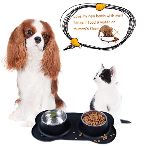 AsFrost Dog Food Bowls Stainless Steel Pet Bowls & Dog Water Bowls with No-Spill and Non-Skid, Feeder Bowls with Dog Bowl Mat for Small Medium Large Size Dogs Cats and Pets, Dog Dishes, Black, 3 Cup