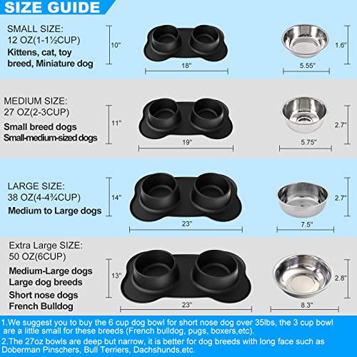 AsFrost Dog Food Bowls Stainless Steel Pet Bowls & Dog Water Bowls with No-Spill and Non-Skid, Feeder Bowls with Dog Bowl Mat for Small Medium Large Size Dogs Cats and Pets, Dog Dishes, Black, 3 Cup