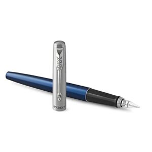 parker jotter fountain pen, royal blue metal body, medium point, blue ink, includes gift box