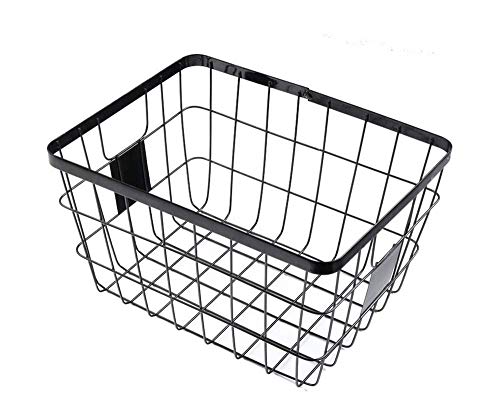 DODXIAOBEUL Handmade -Open Storage Bread Food Basket,Kitchen Cabinet and Pantry Storage Organizer Bin & Containers- Two Cut-Out Handles Wire Metal with Canvas Lining 13x10x7.5 Inches Black