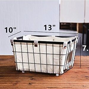 DODXIAOBEUL Handmade -Open Storage Bread Food Basket,Kitchen Cabinet and Pantry Storage Organizer Bin & Containers- Two Cut-Out Handles Wire Metal with Canvas Lining 13x10x7.5 Inches Black