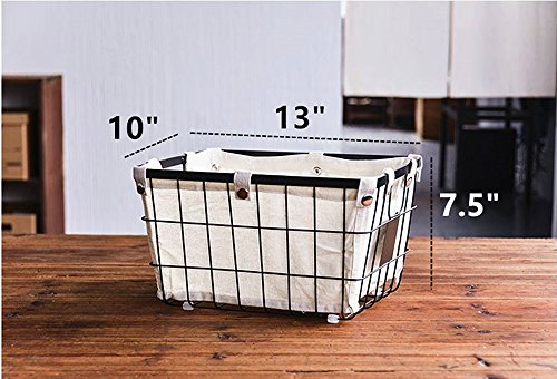 DODXIAOBEUL Handmade -Open Storage Bread Food Basket,Kitchen Cabinet and Pantry Storage Organizer Bin & Containers- Two Cut-Out Handles Wire Metal with Canvas Lining 13x10x7.5 Inches Black