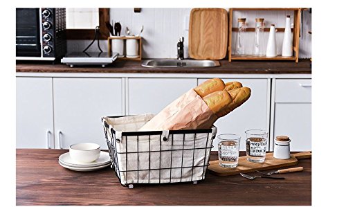 DODXIAOBEUL Handmade -Open Storage Bread Food Basket,Kitchen Cabinet and Pantry Storage Organizer Bin & Containers- Two Cut-Out Handles Wire Metal with Canvas Lining 13x10x7.5 Inches Black