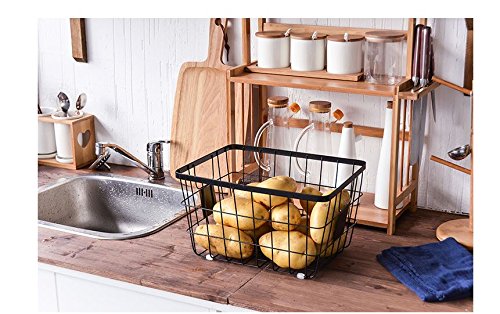 DODXIAOBEUL Handmade -Open Storage Bread Food Basket,Kitchen Cabinet and Pantry Storage Organizer Bin & Containers- Two Cut-Out Handles Wire Metal with Canvas Lining 13x10x7.5 Inches Black